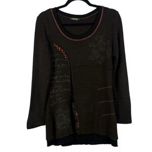 Dolcezza Artsy Graphic Print Floral Embroidered Dark Brown Long Sleeve Tunic Top